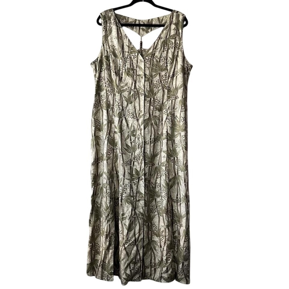 Bahama Beach‎ Maxi Dress Sleeveless Green Tropical Bamboo Print Rayon T-Back XL